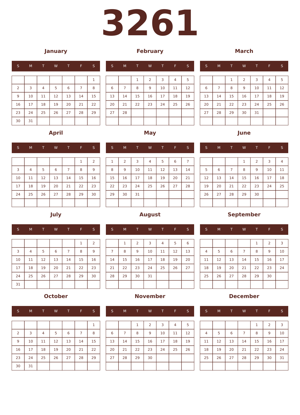 Printable 3261 Year Calendars mortuum