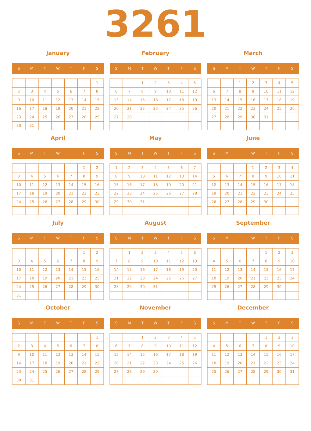 Printable 3261 Year Calendars orange