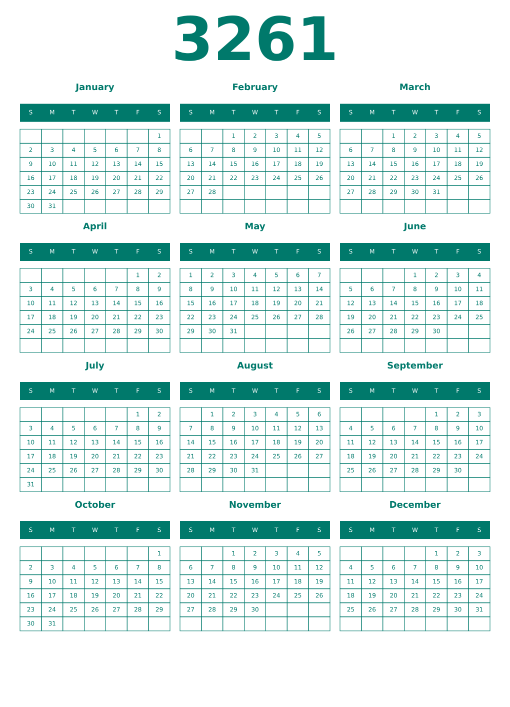 Printable 3261 Year Calendars pastel