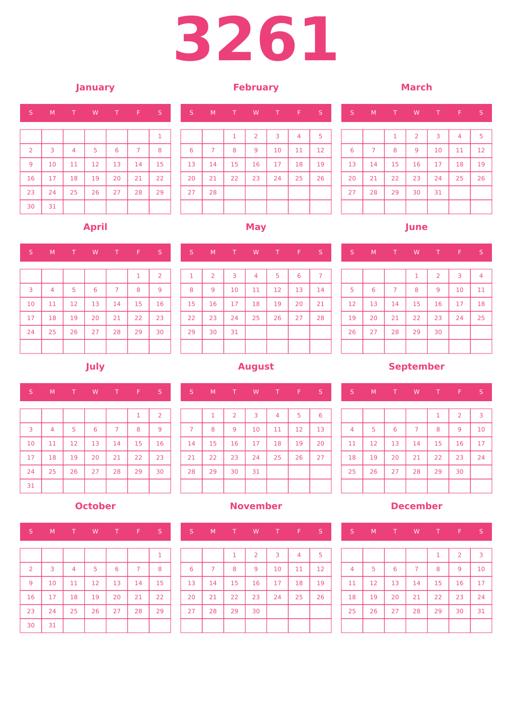 Printable 3261 Year Calendars pink