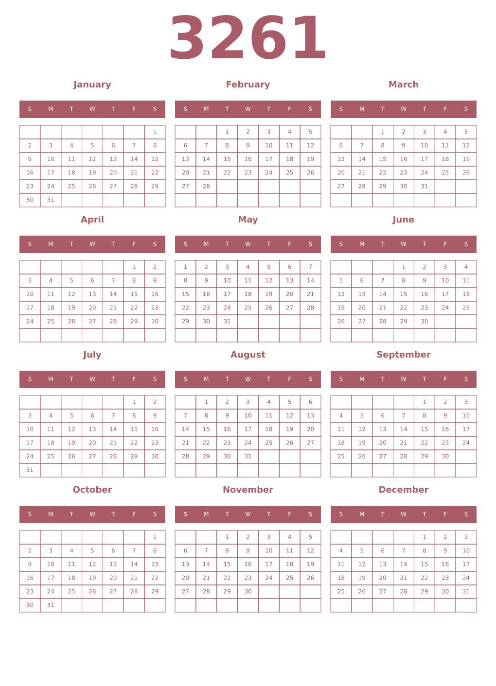 Printable 3261 Year Calendars puce