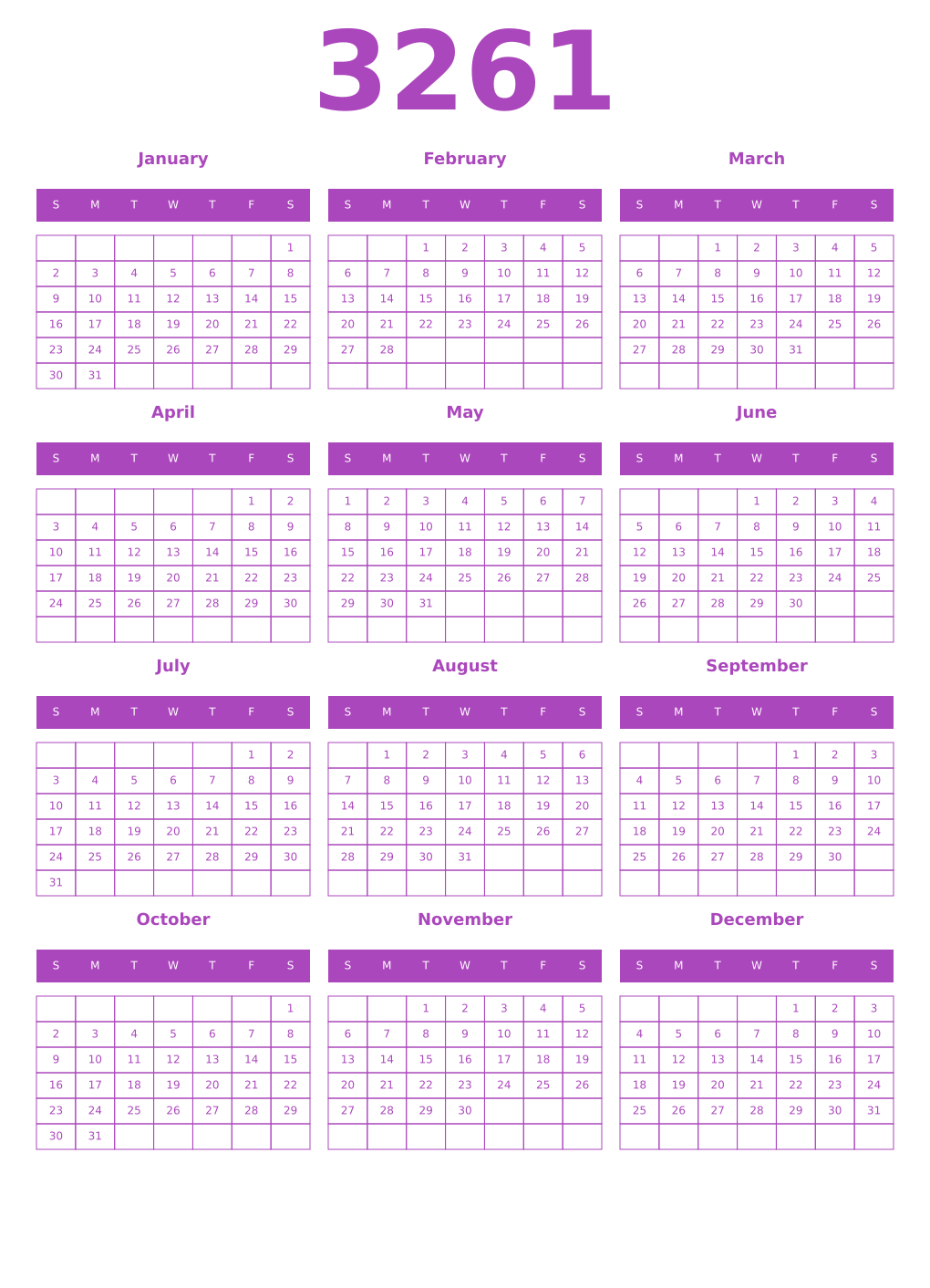 Printable 3261 Year Calendars purple