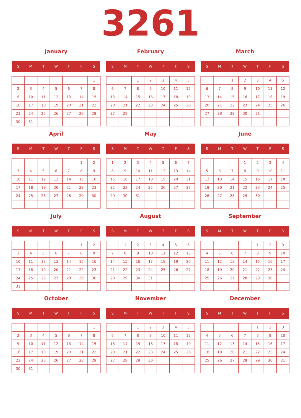 Printable 3261 Year Calendars red
