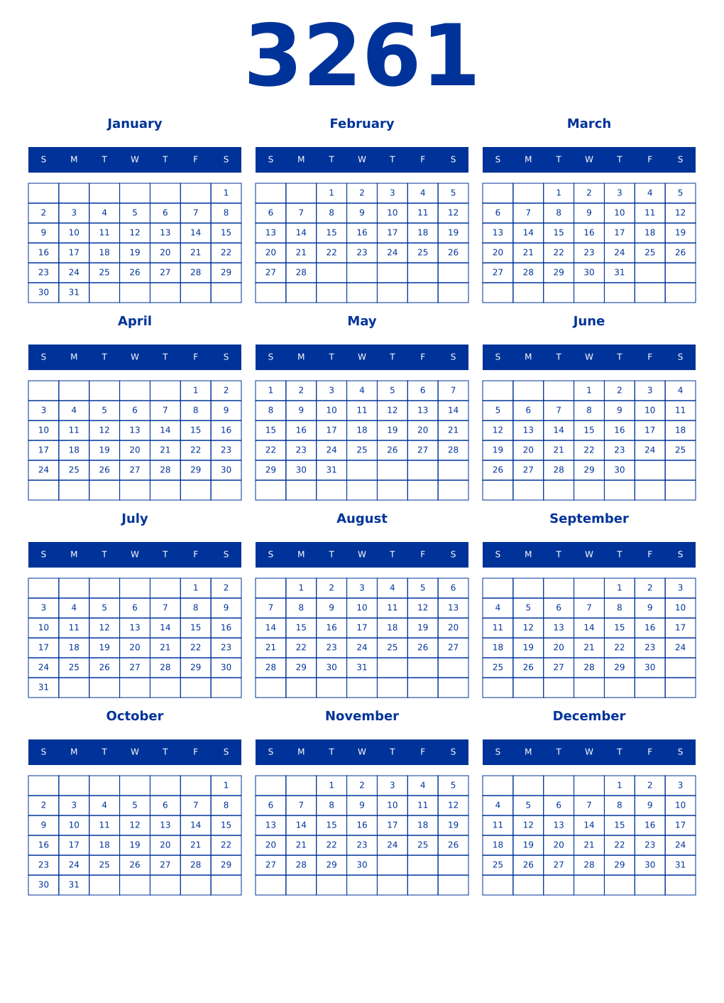 Printable 3261 Year Calendars smalt