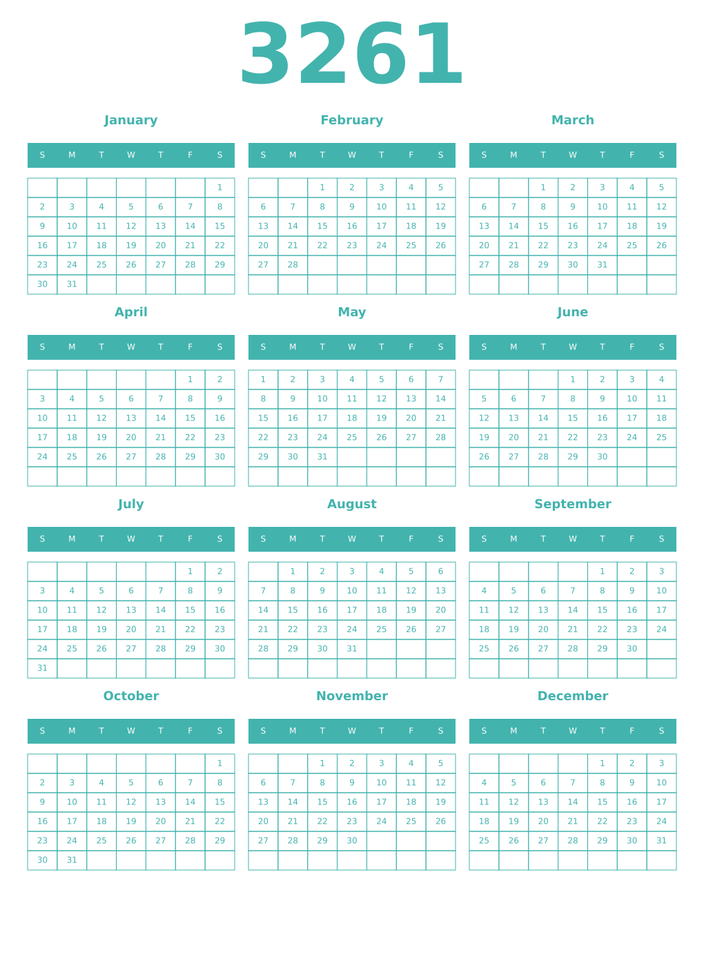 Printable 3261 Year Calendars verdigris
