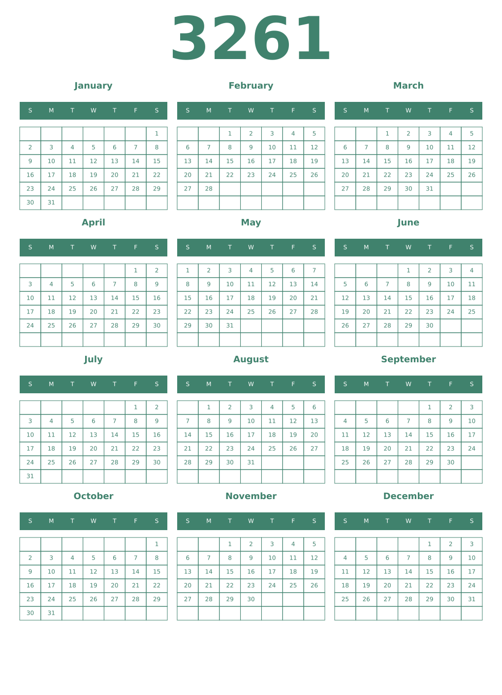 Printable 3261 Year Calendars viridian
