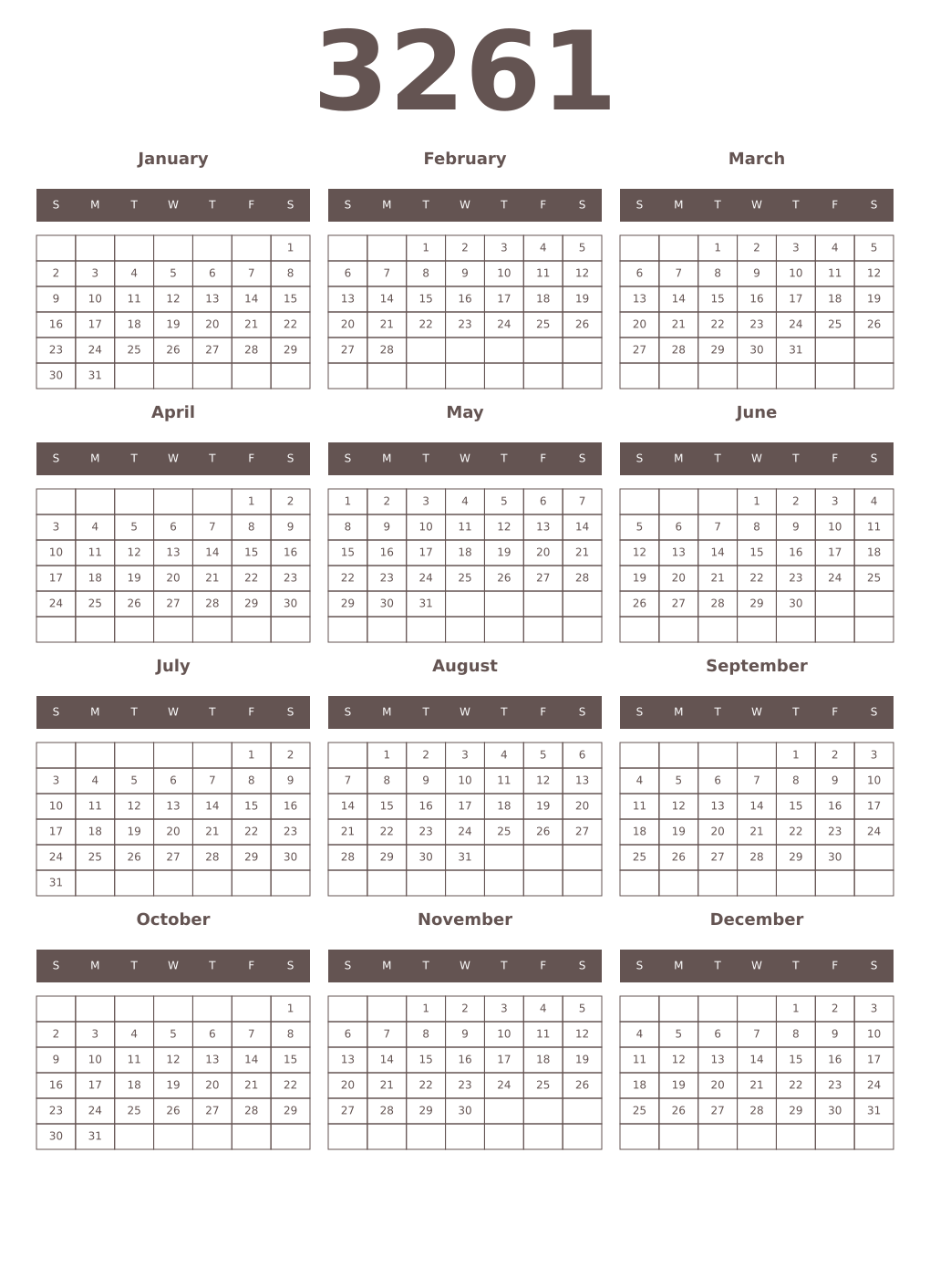 Printable 3261 Year Calendars wenge