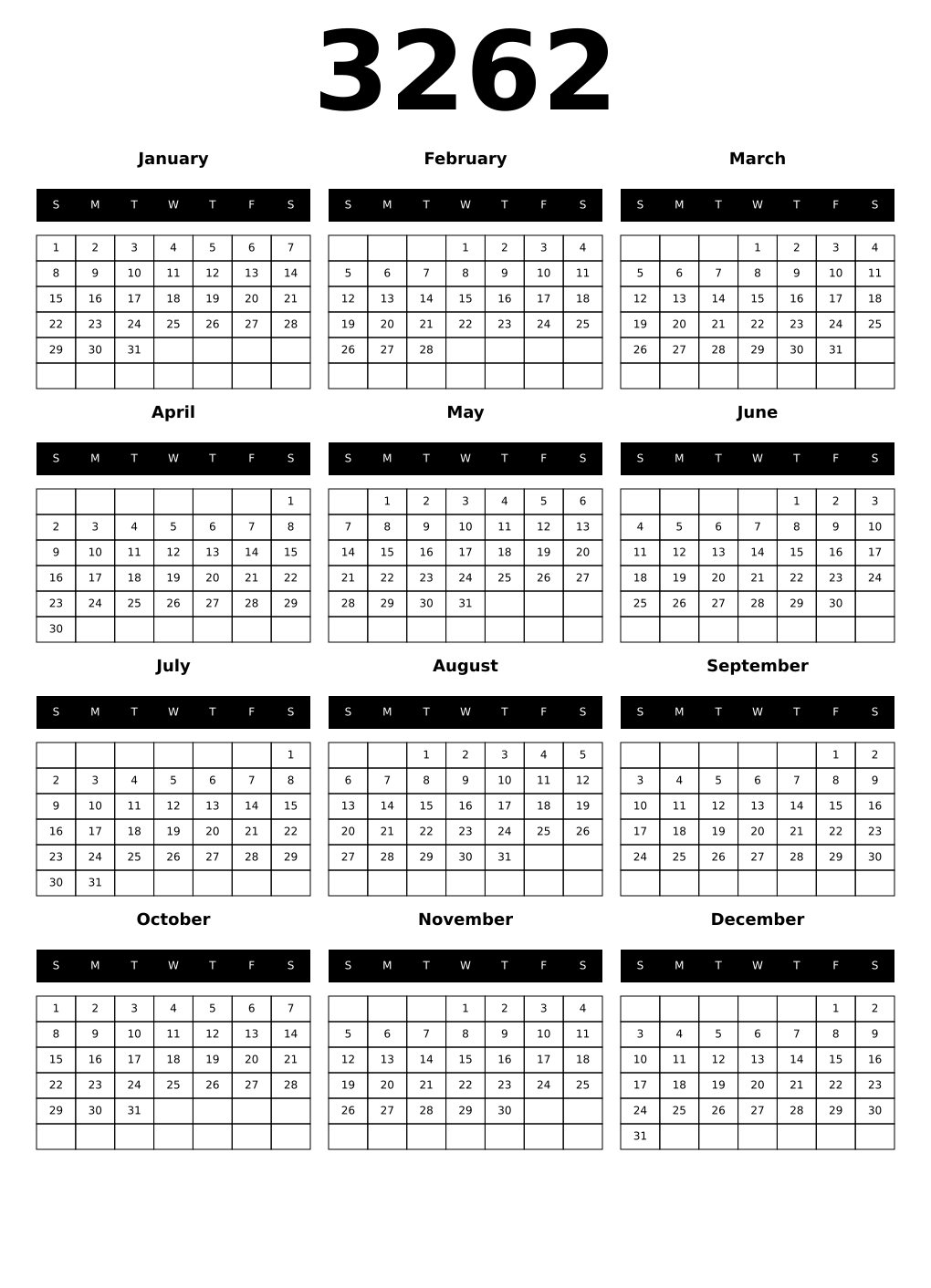 Printable 3262 Year Calendars black