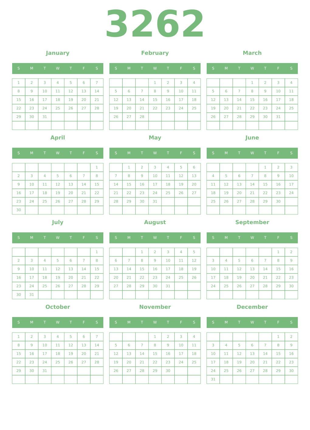 Printable 3262 Year Calendars celadon