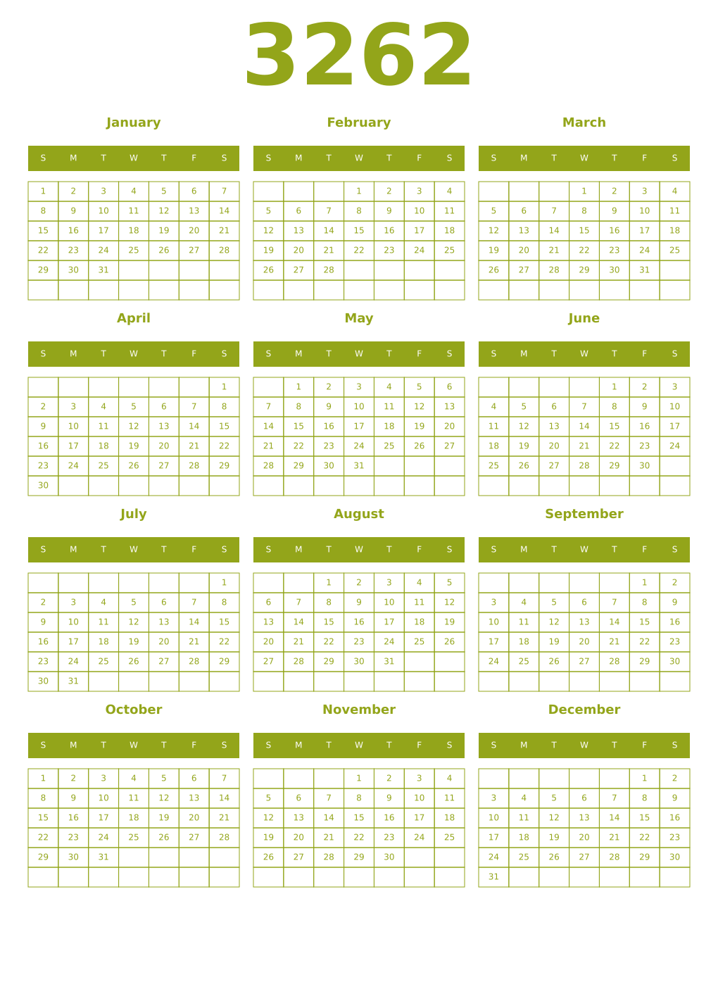 Printable 3262 Year Calendars chartreuse