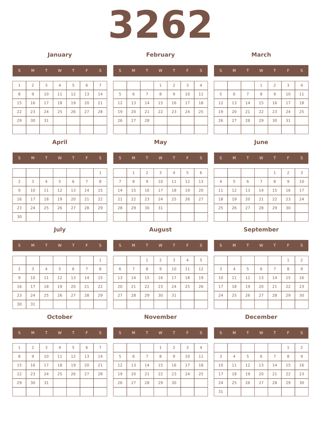 Printable 3262 Year Calendars coffe
