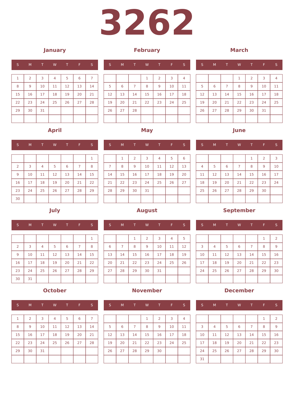Printable 3262 Year Calendars cordovan