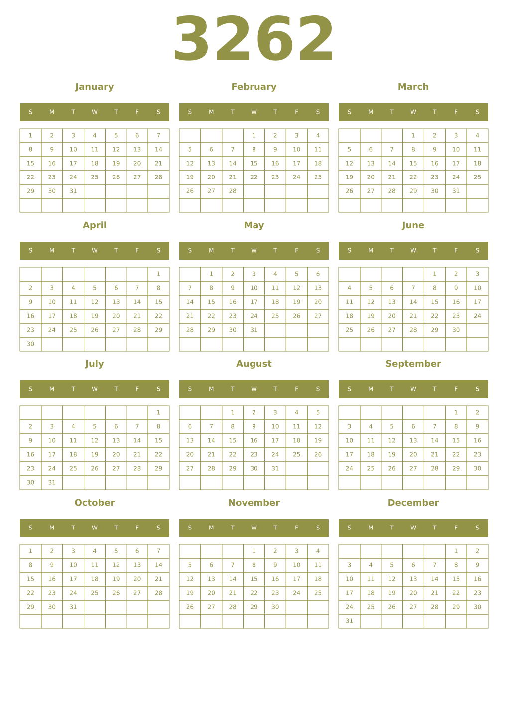 Printable 3262 Year Calendars eburnean