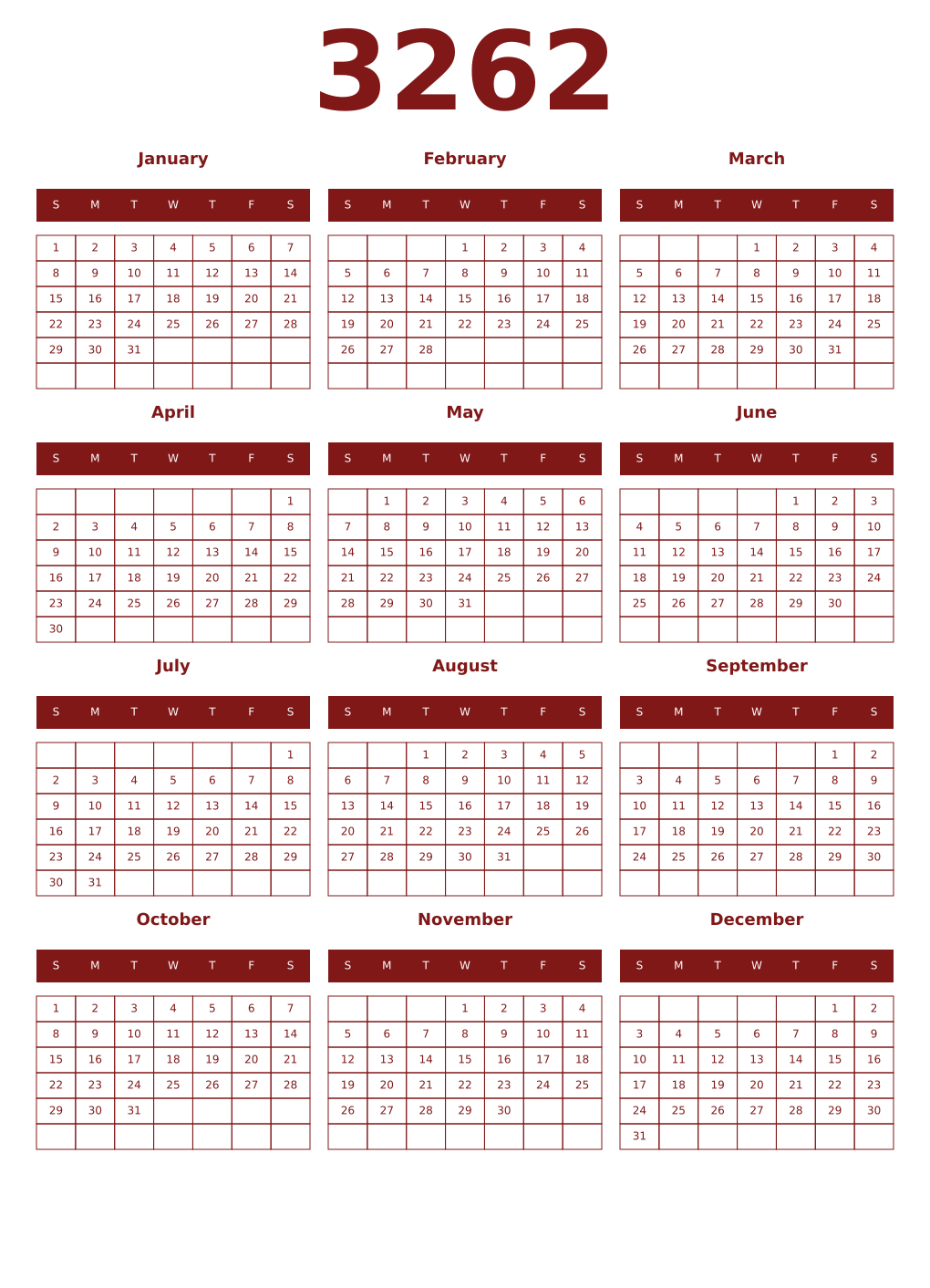 Printable 3262 Year Calendars falu