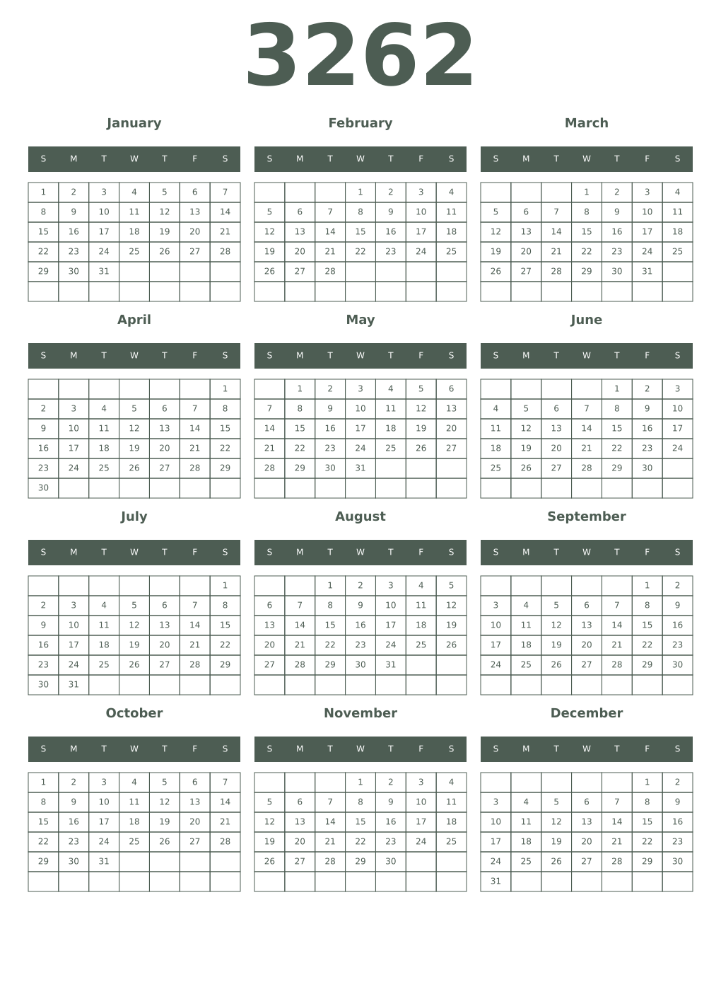 Printable 3262 Year Calendars feldgrau