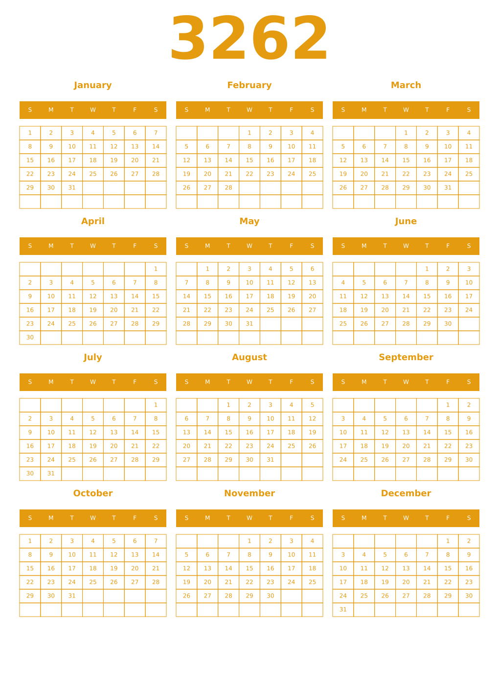 Printable 3262 Year Calendars gamboge