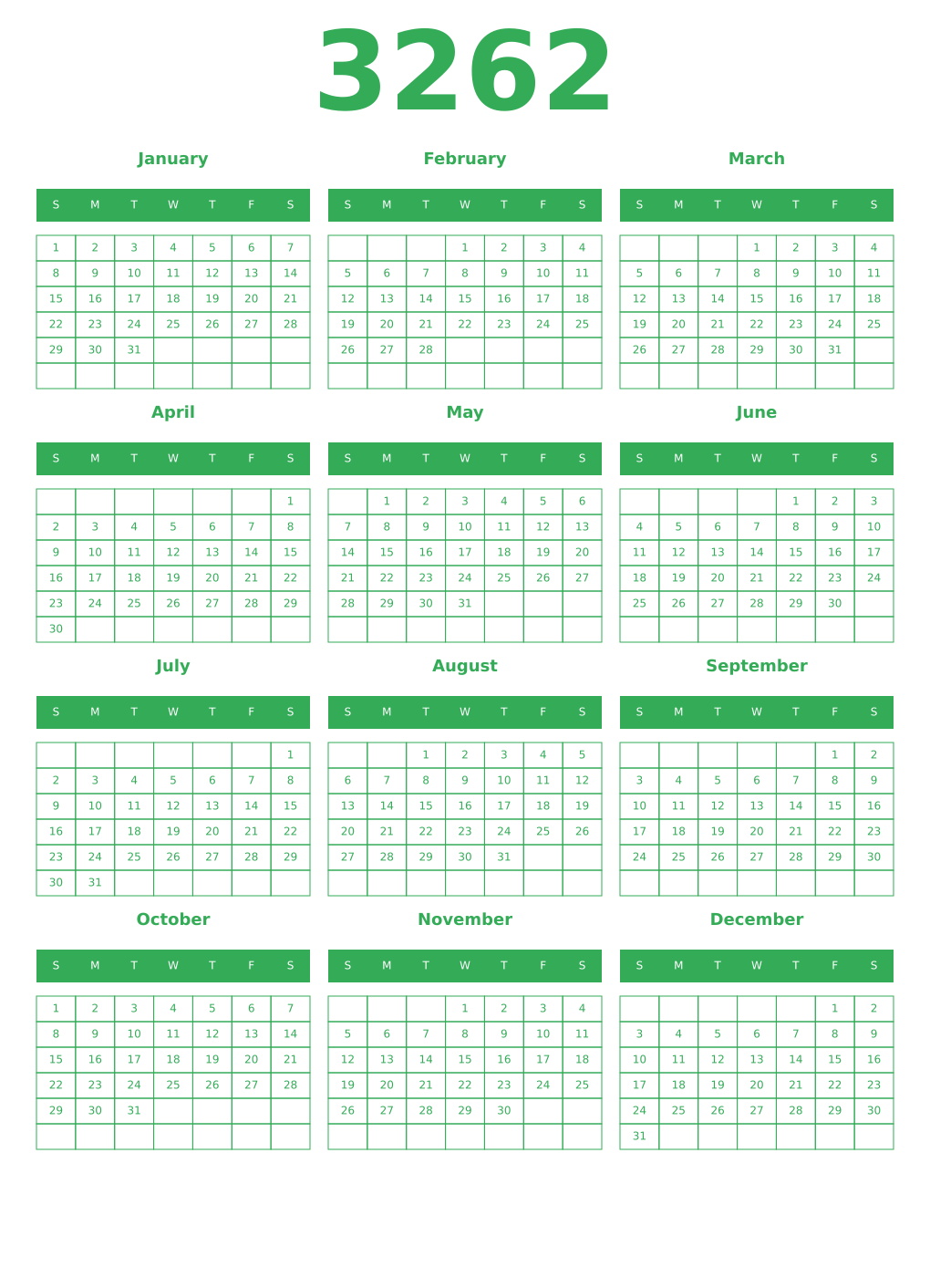 Printable 3262 Year Calendars green