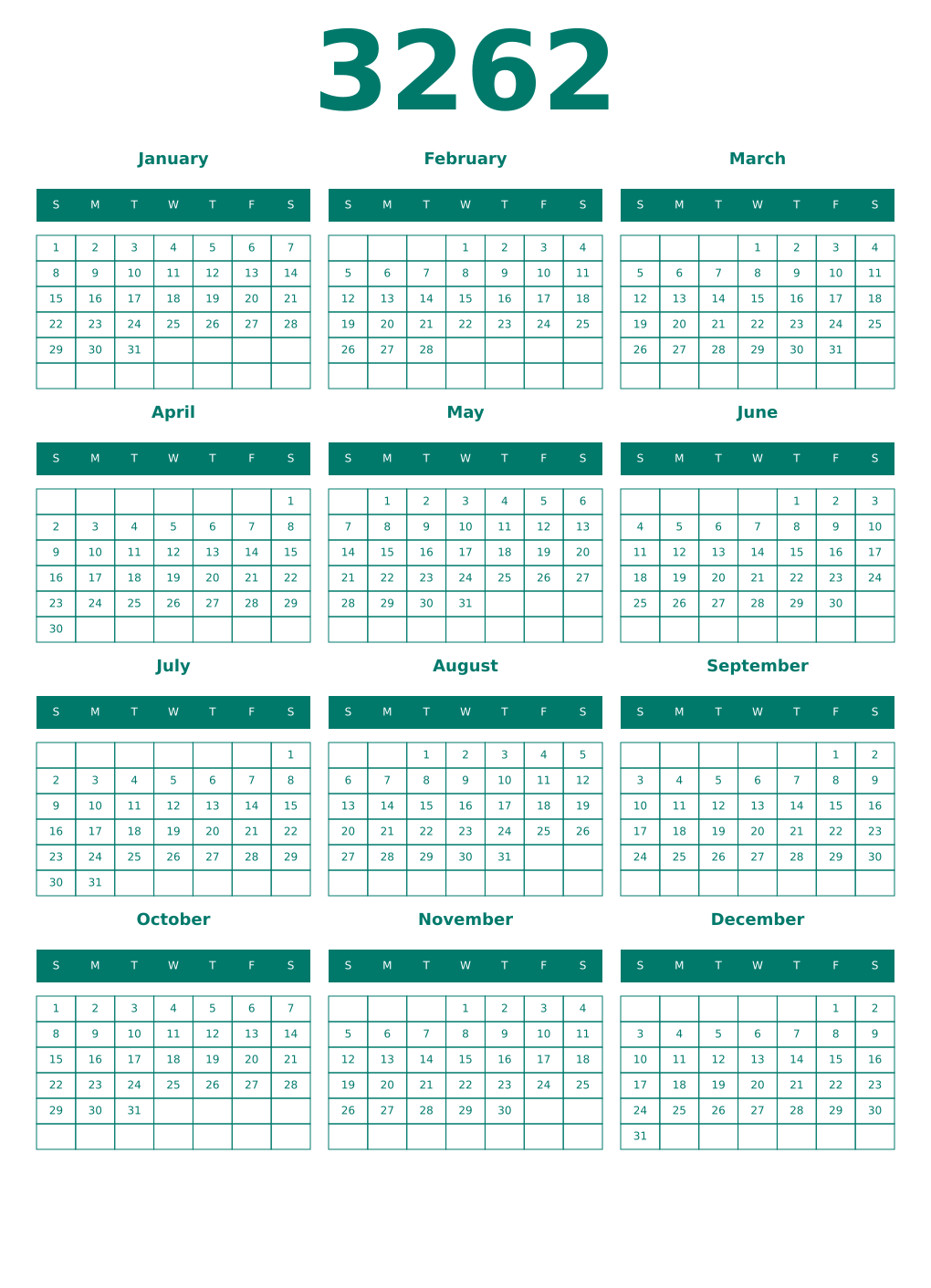 Printable 3262 Year Calendars pastel