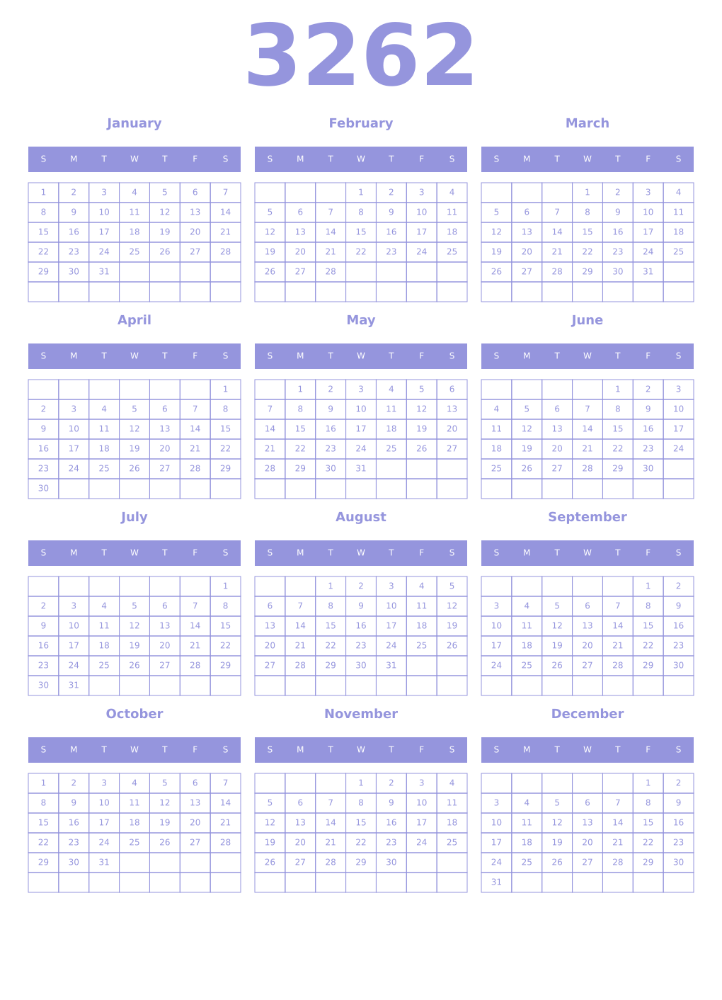 Printable 3262 Year Calendars periwinkle