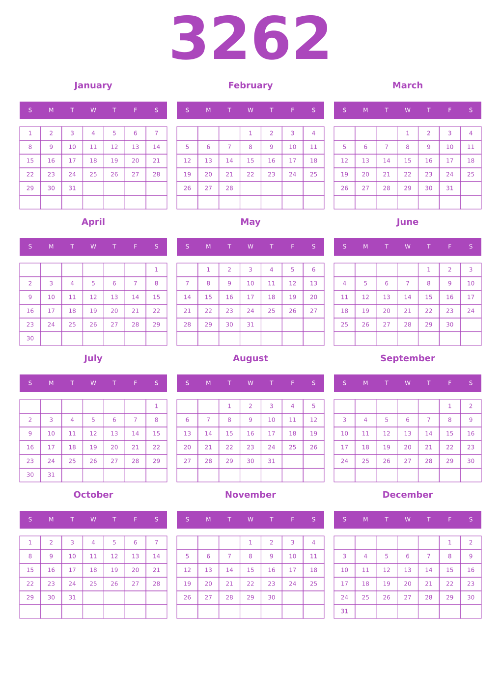 Printable 3262 Year Calendars purple