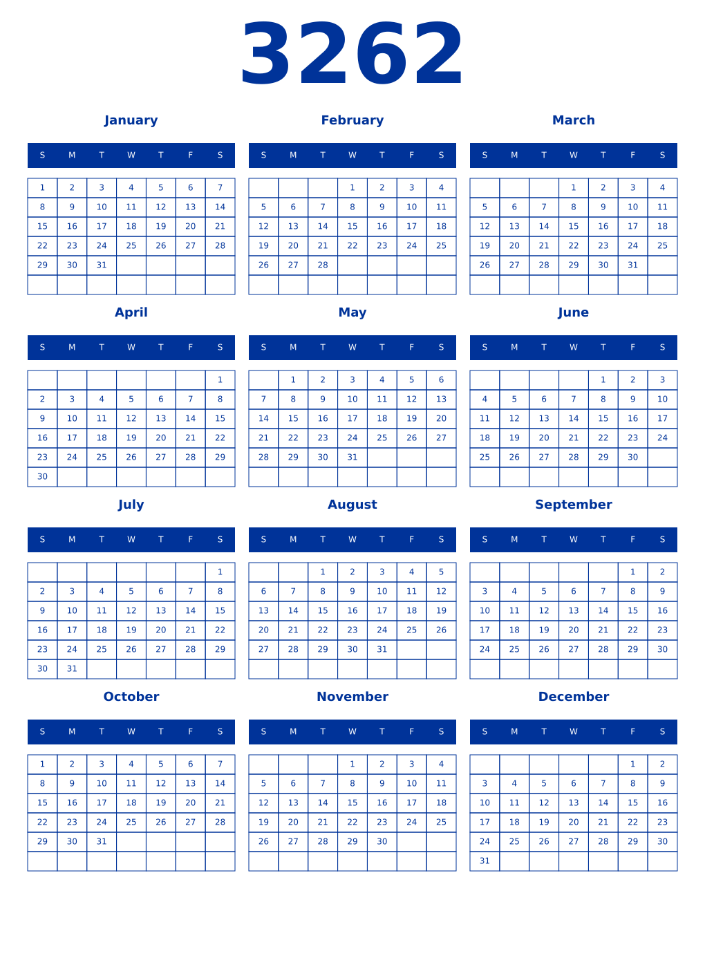 Printable 3262 Year Calendars smalt