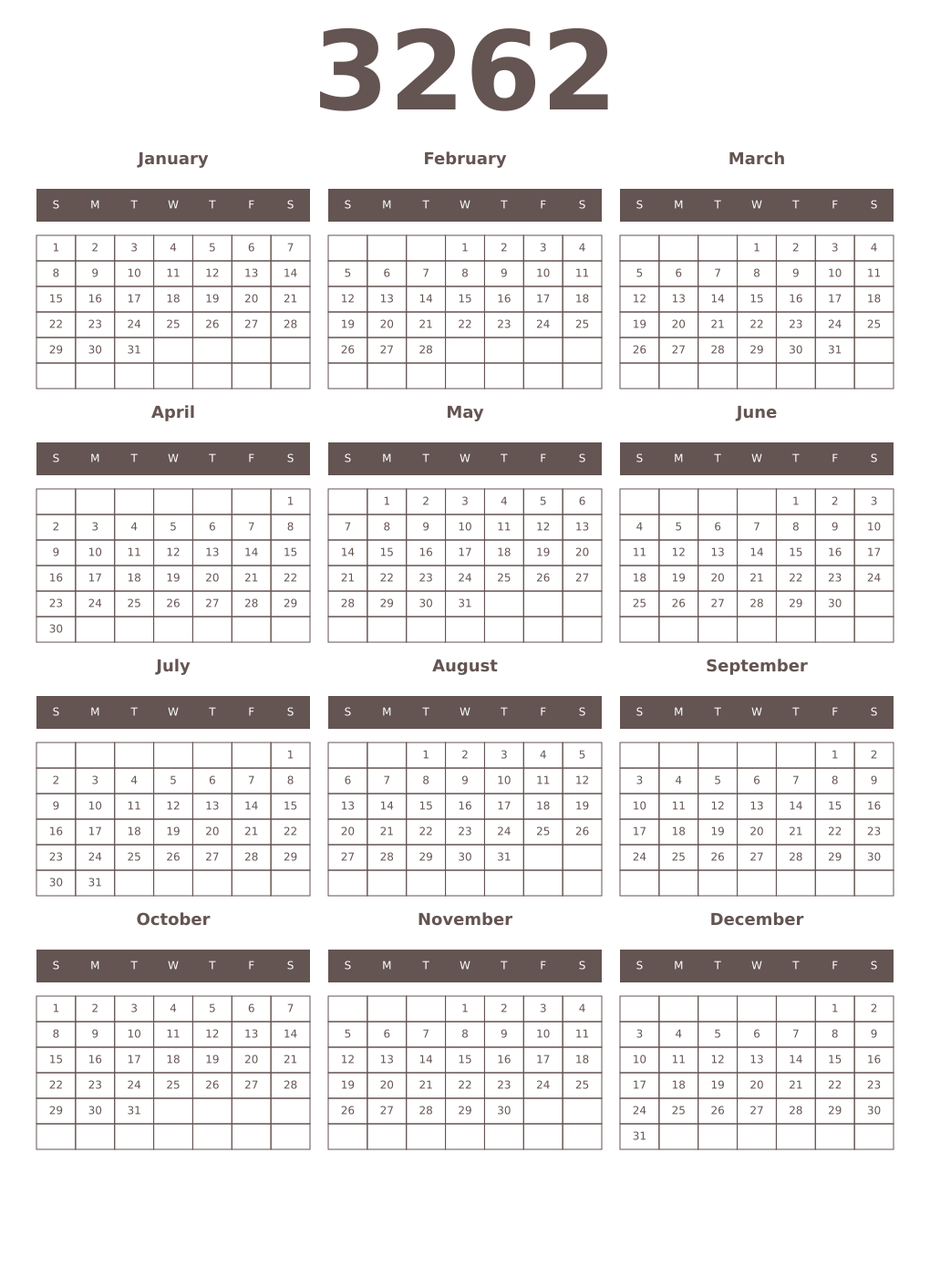 Printable 3262 Year Calendars wenge
