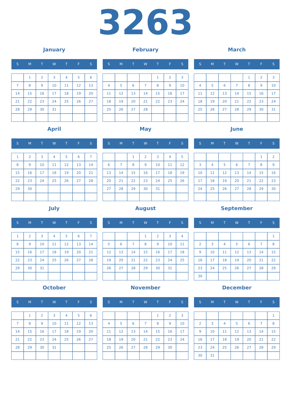 Printable 3263 Year Calendars blue