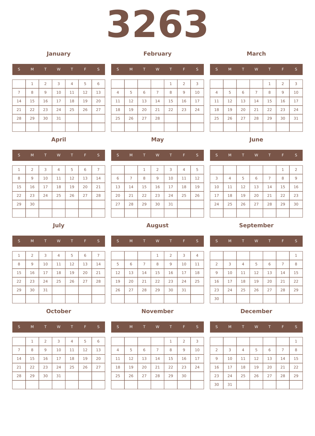 Printable 3263 Year Calendars coffe