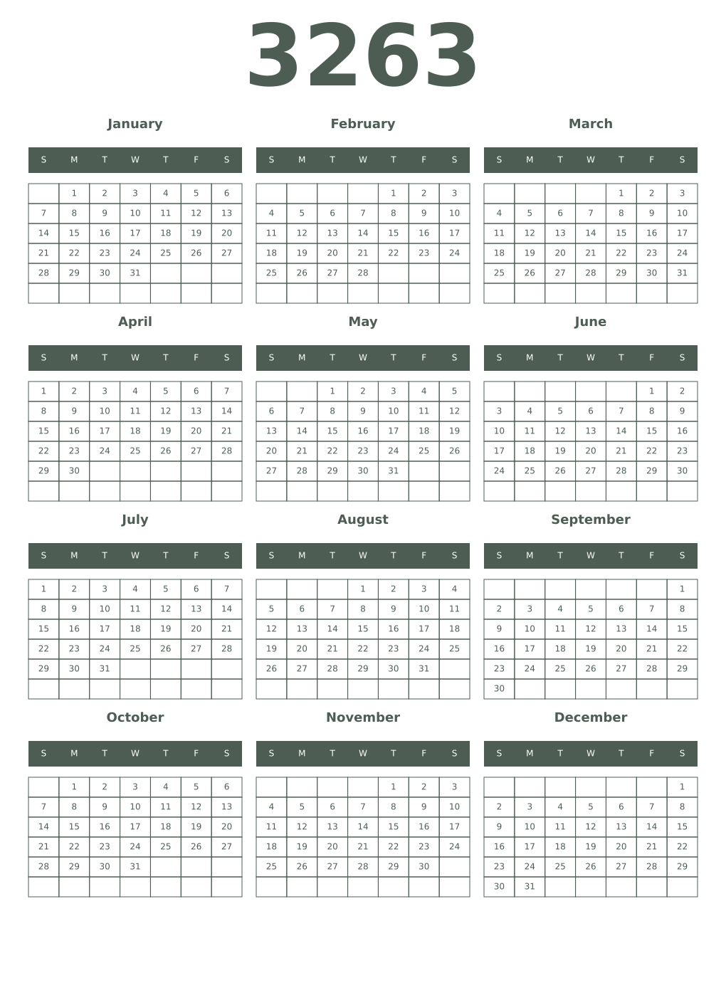 Printable 3263 Year Calendars feldgrau