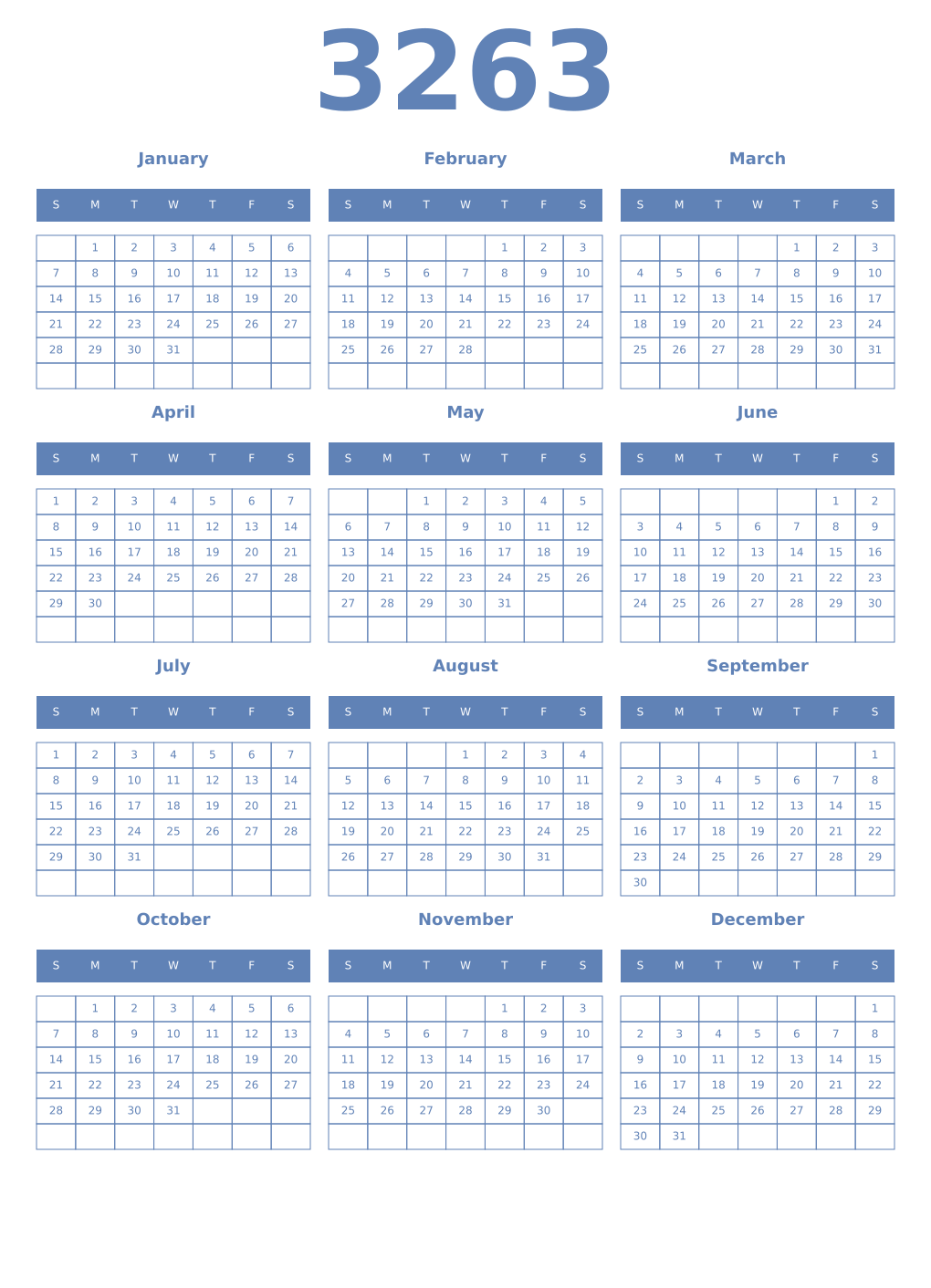 Printable 3263 Year Calendars glaucous