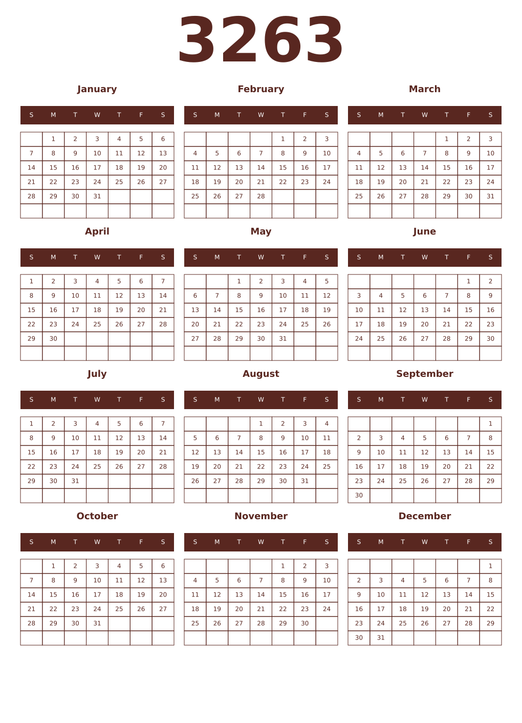 Printable 3263 Year Calendars mortuum