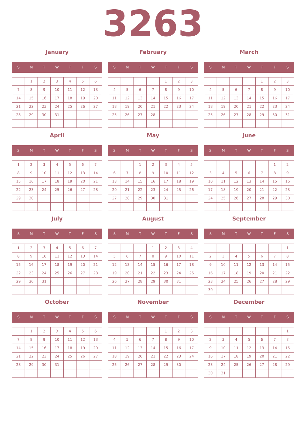 Printable 3263 Year Calendars puce
