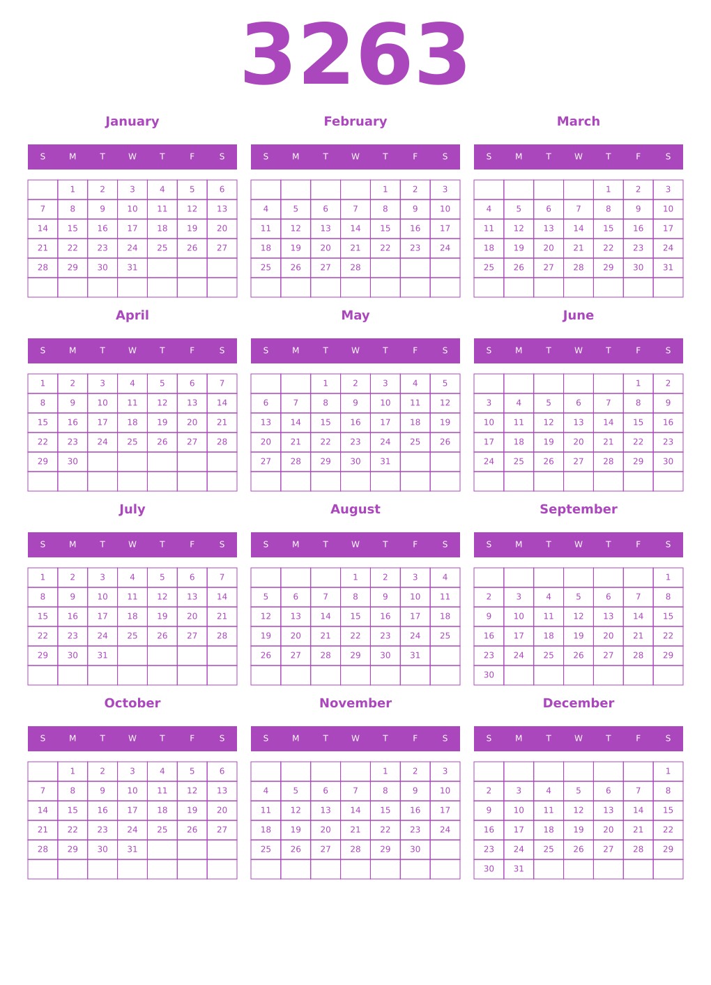 Printable 3263 Year Calendars purple