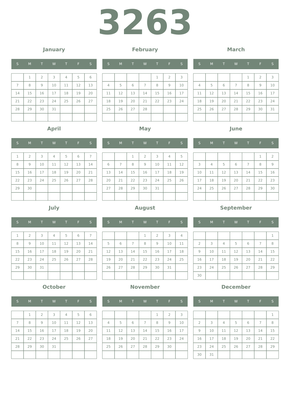 Printable 3263 Year Calendars xanadu