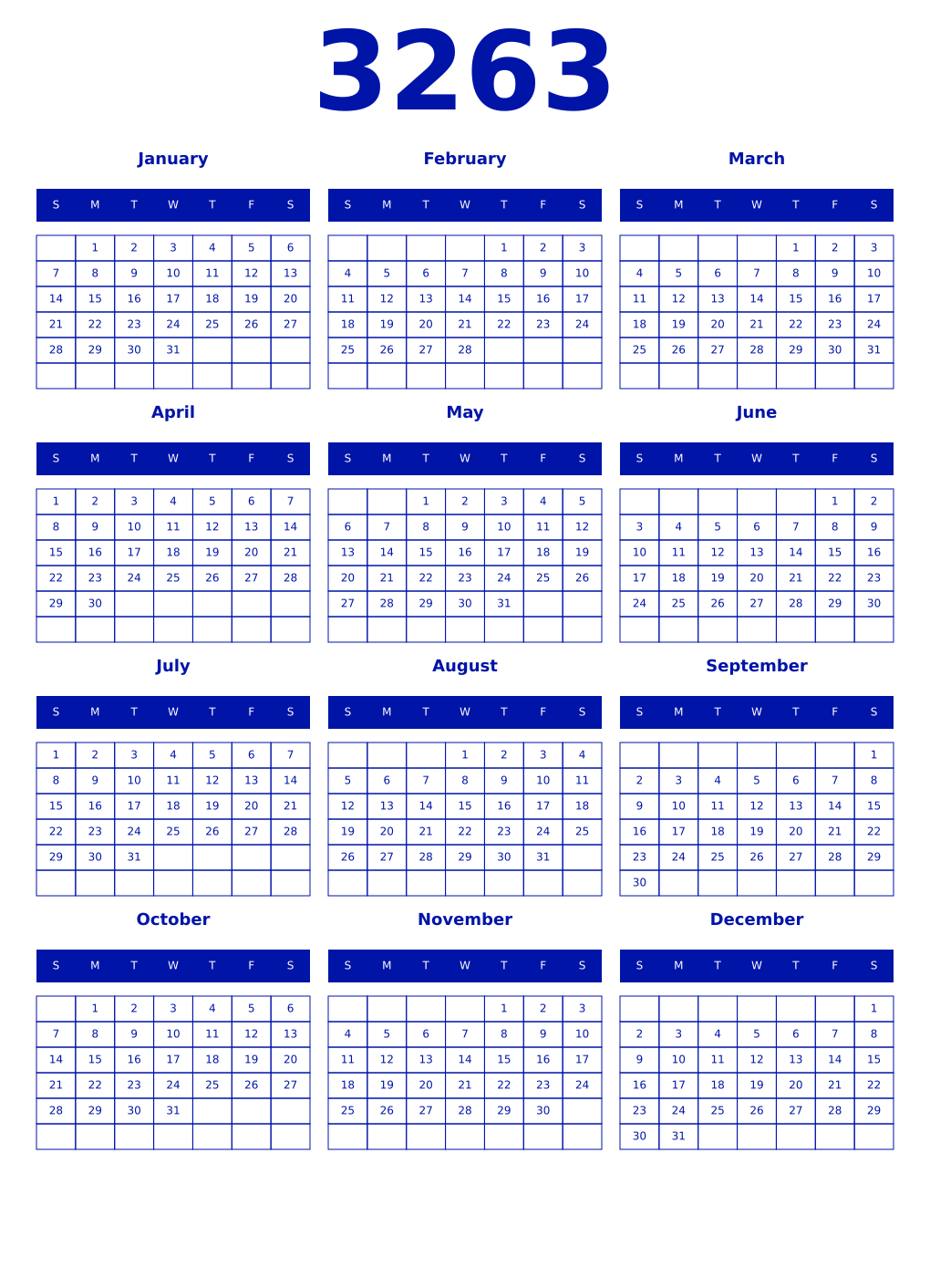 Printable 3263 Year Calendars zaffre