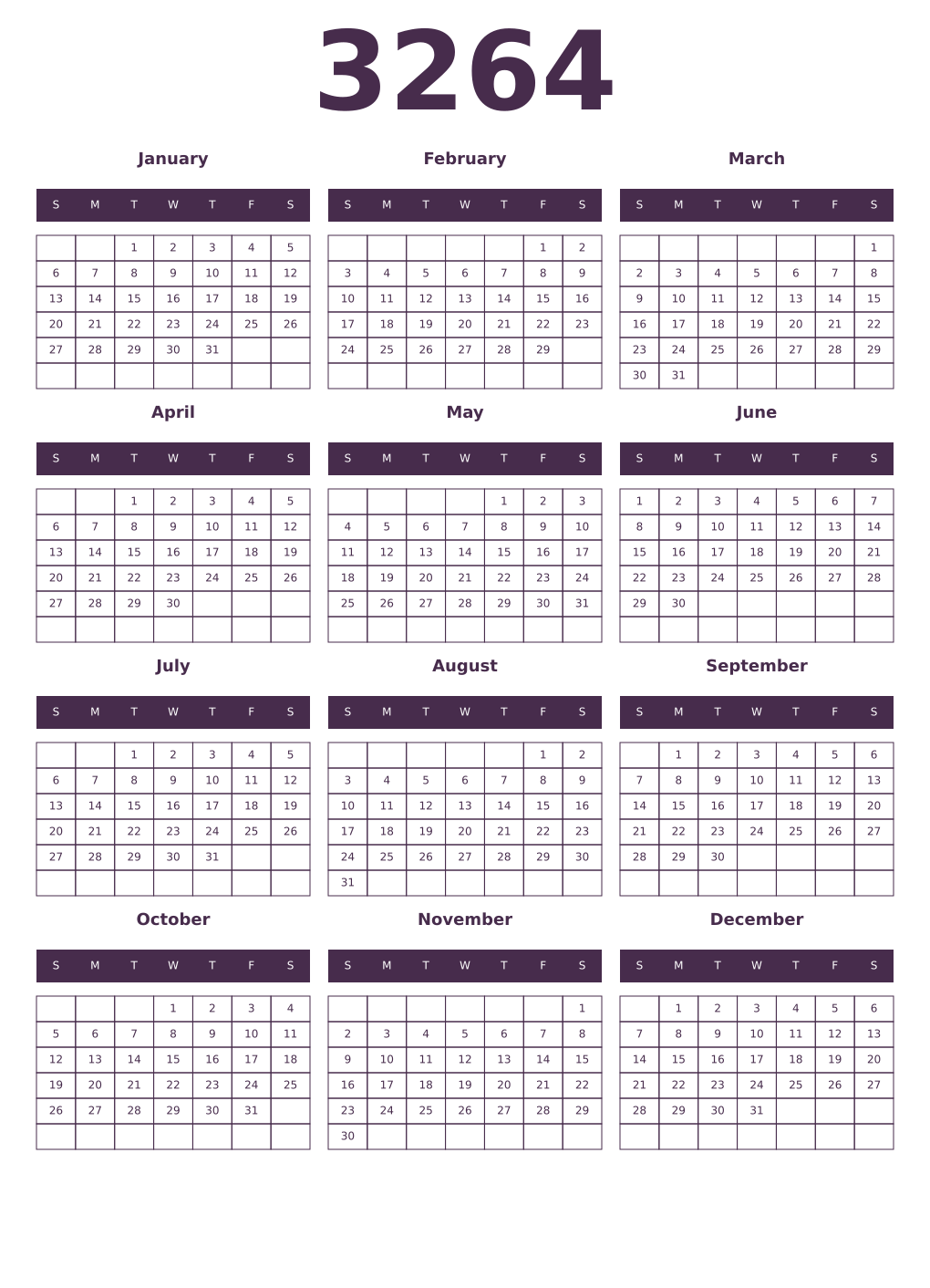 Printable 3264 Year Calendars aubergine