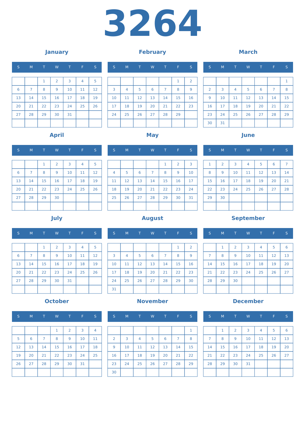 Printable 3264 Year Calendars blue
