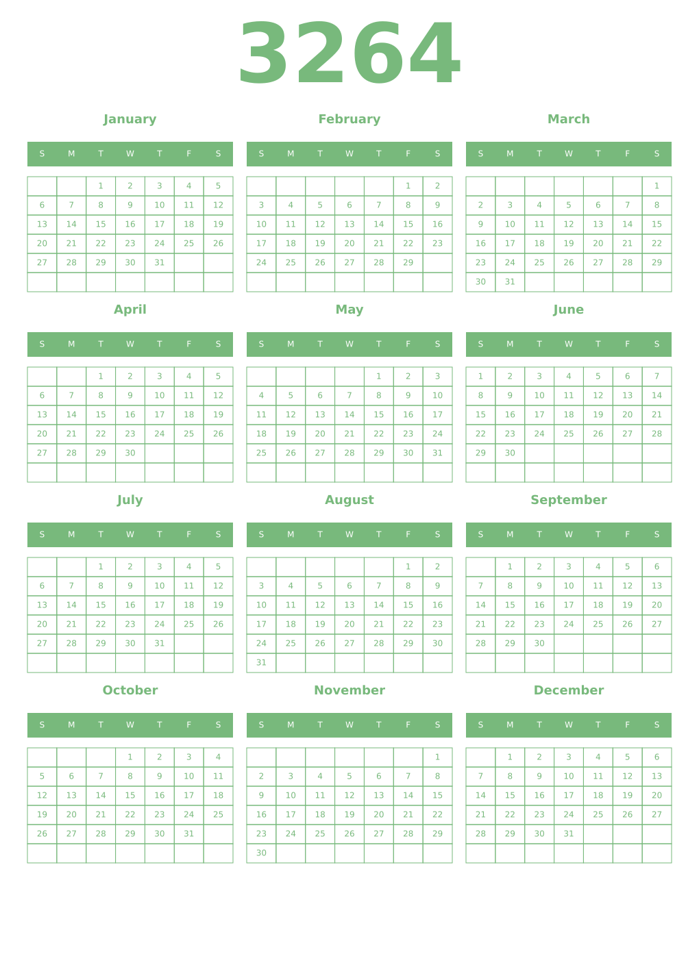Printable 3264 Year Calendars celadon