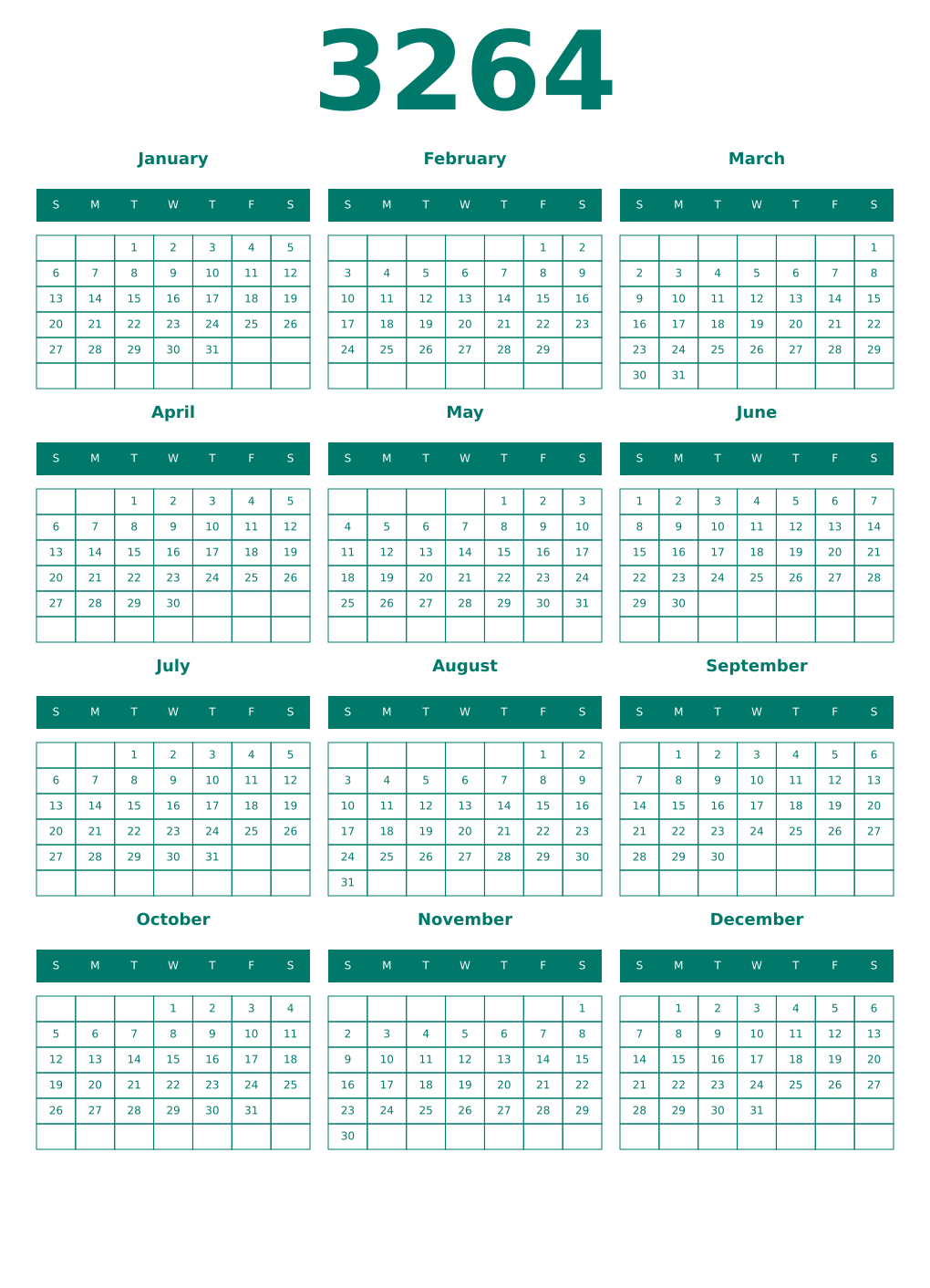 Printable 3264 Year Calendars pastel