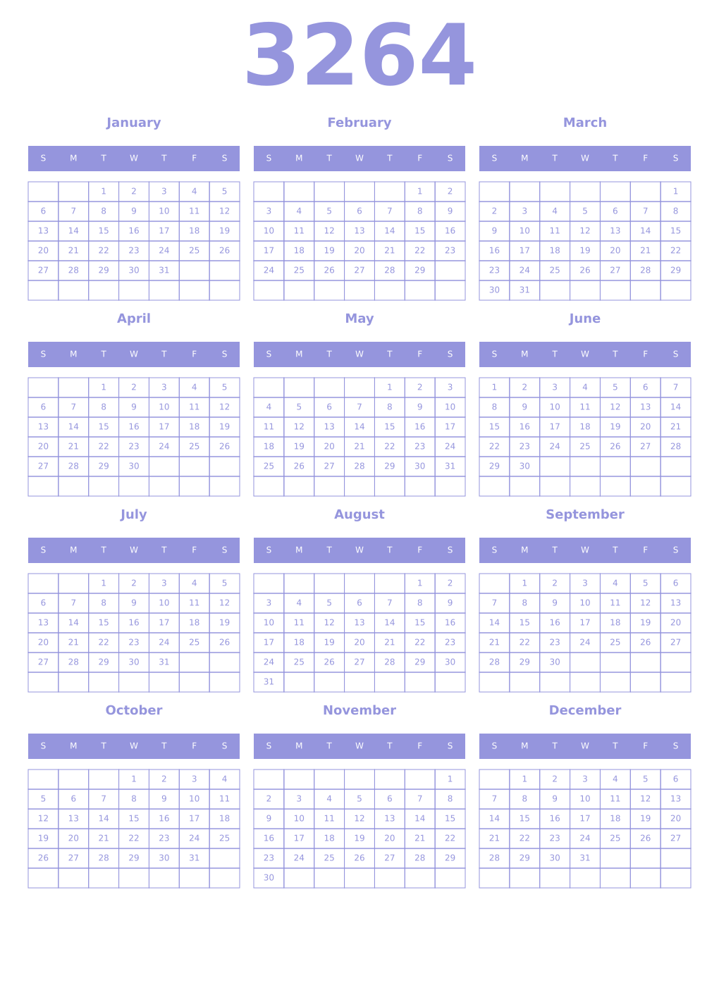 Printable 3264 Year Calendars periwinkle
