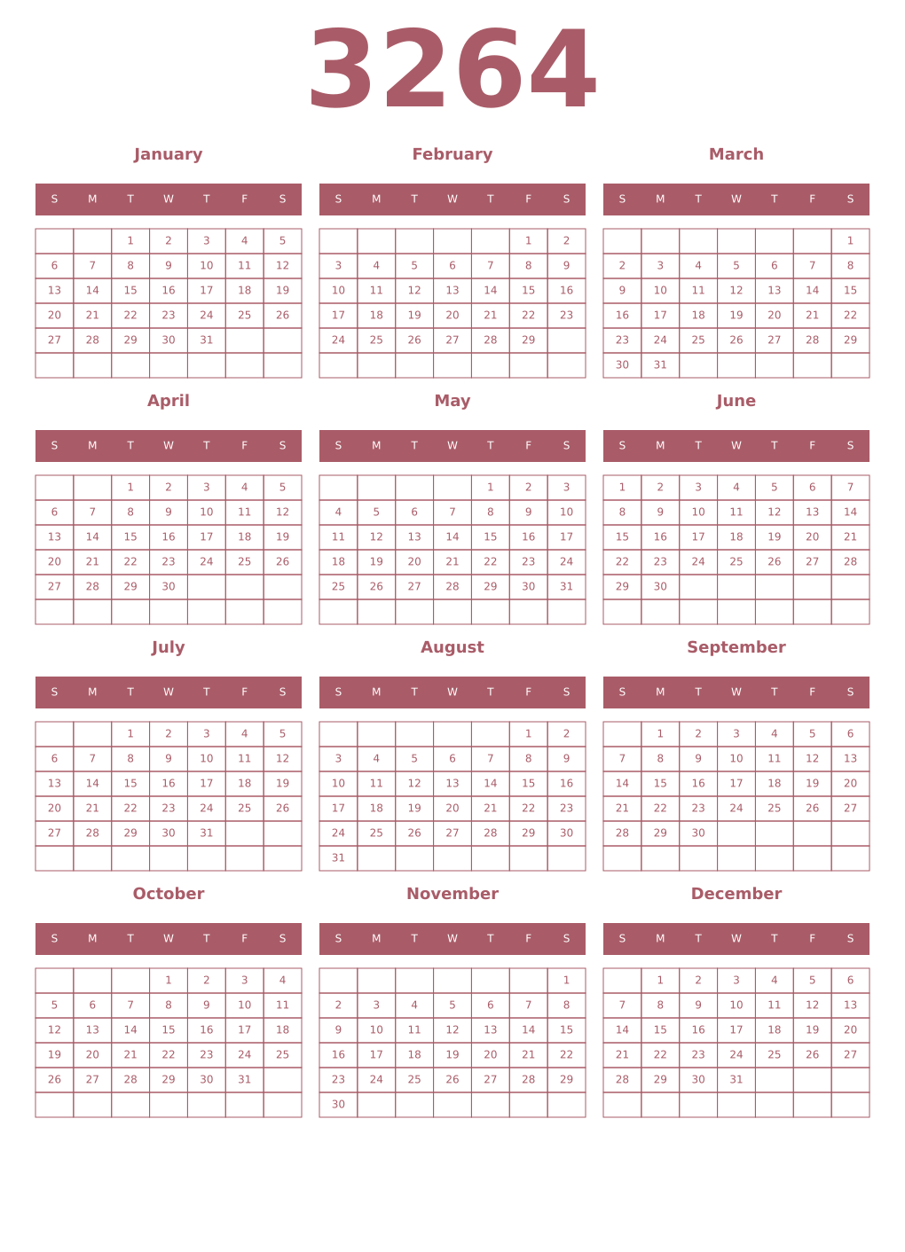 Printable 3264 Year Calendars puce