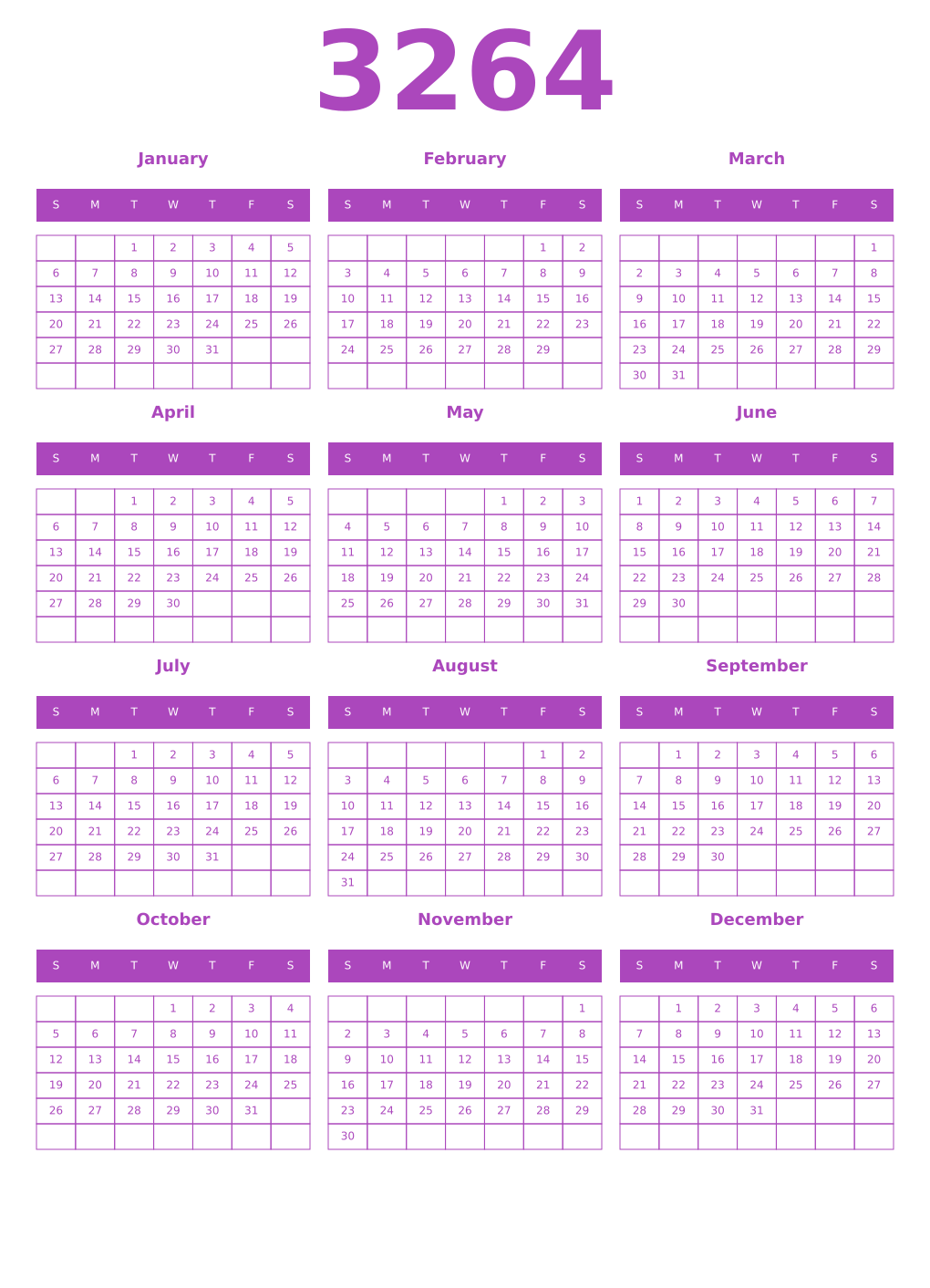 Printable 3264 Year Calendars purple
