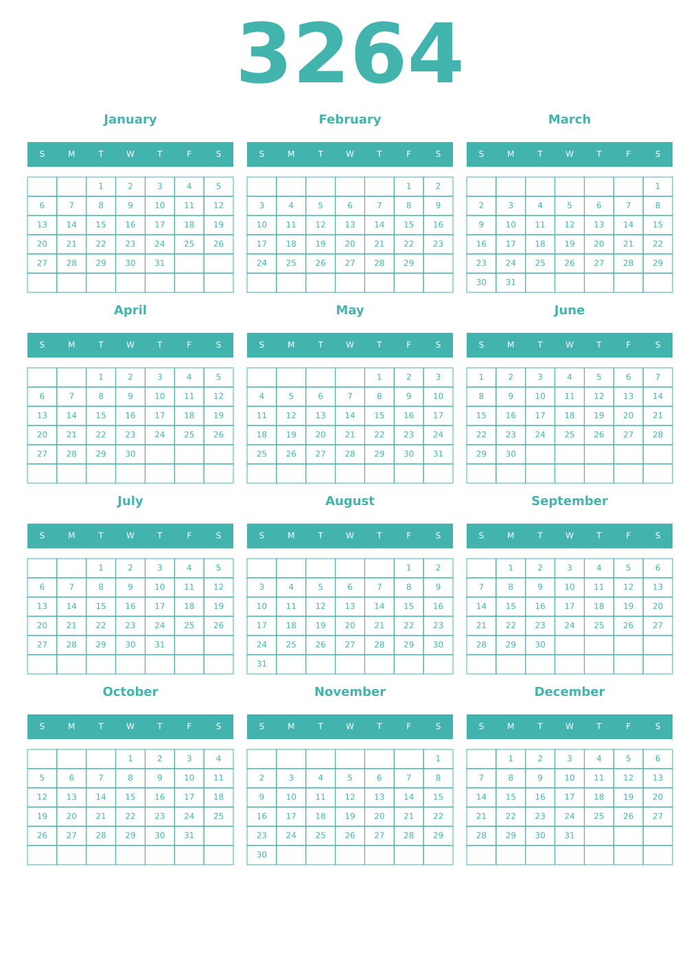 Printable 3264 Year Calendars verdigris