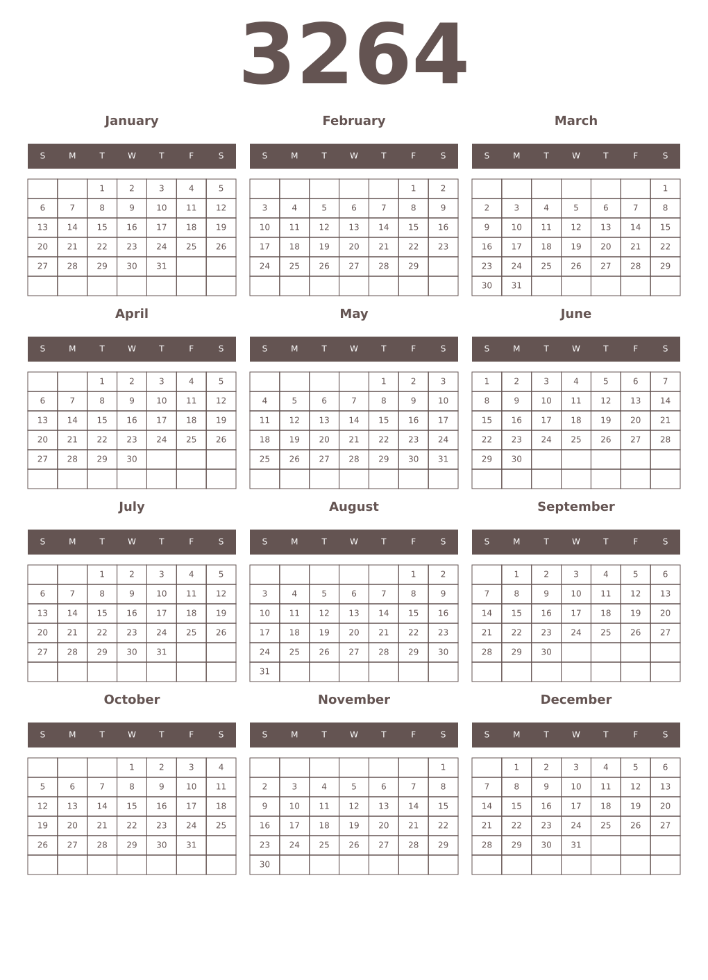 Printable 3264 Year Calendars wenge