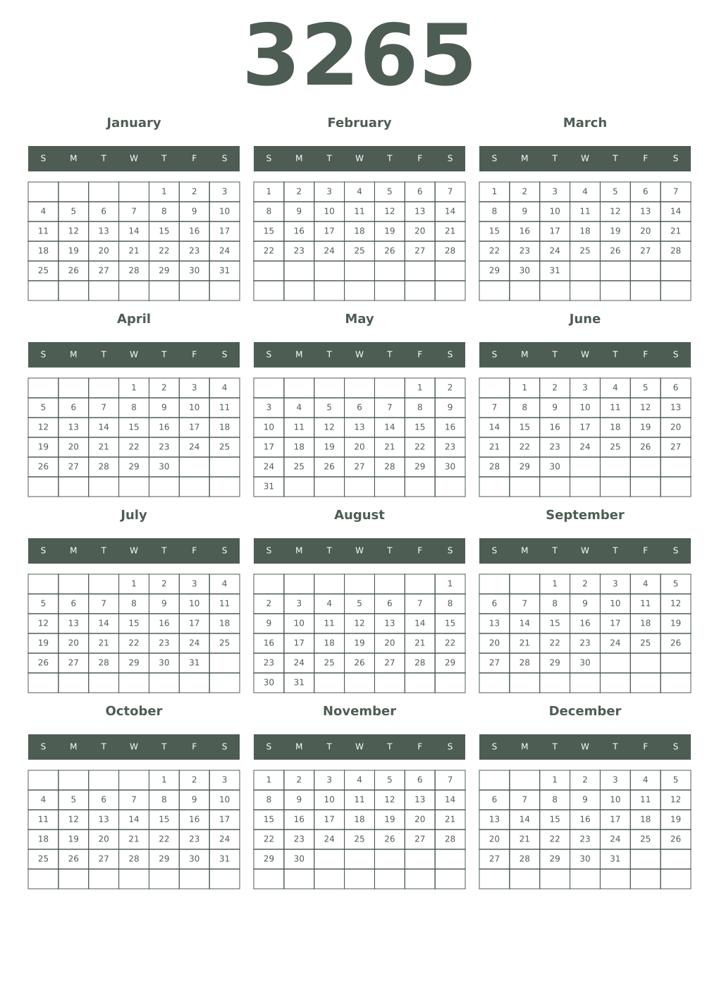 Printable 3265 Year Calendars feldgrau