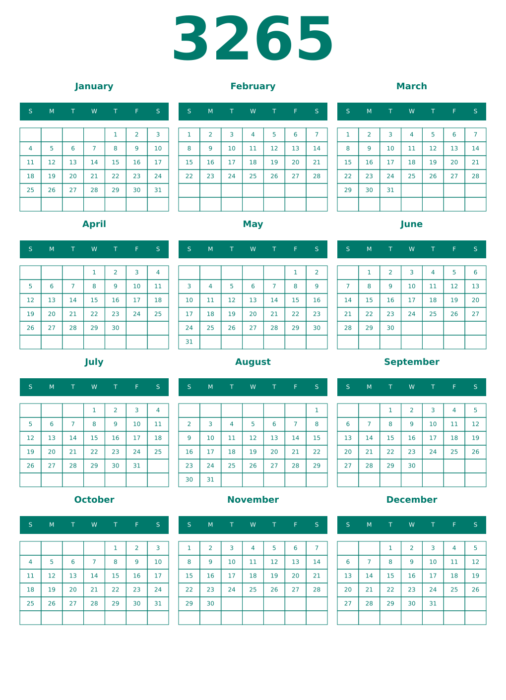 Printable 3265 Year Calendars pastel