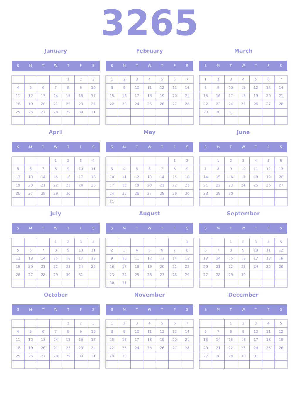 Printable 3265 Year Calendars periwinkle