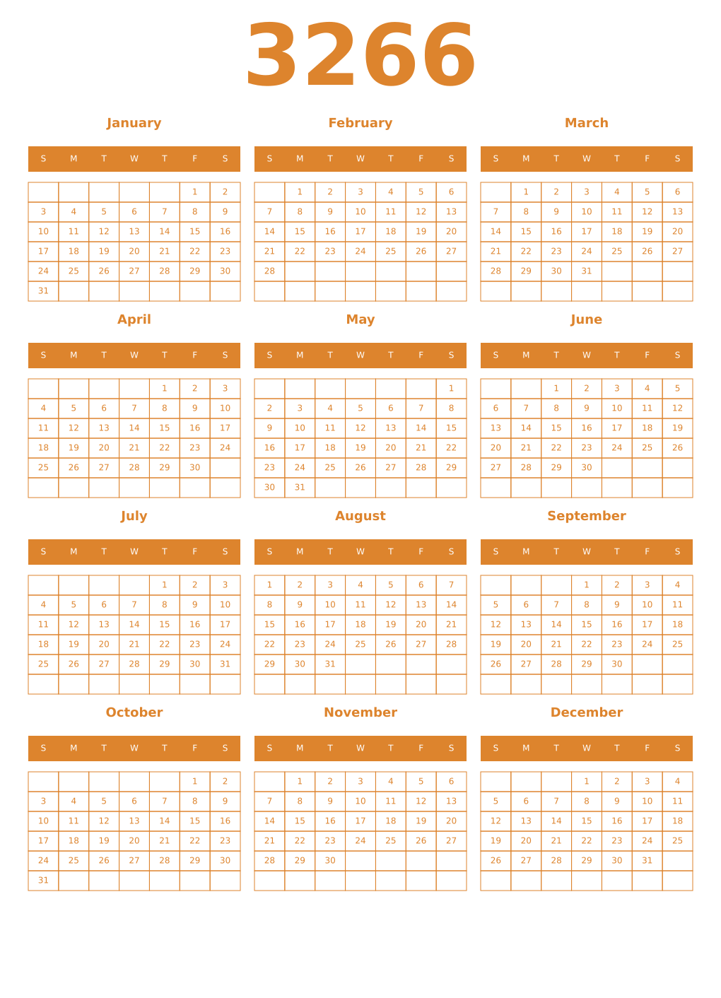 Printable 3266 Year Calendars orange