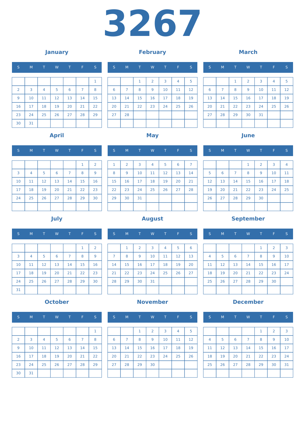 Printable 3267 Year Calendars blue