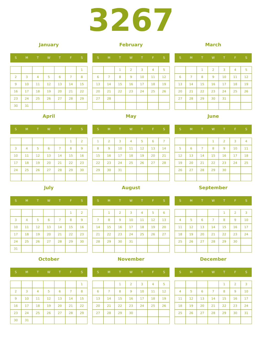Printable 3267 Year Calendars chartreuse
